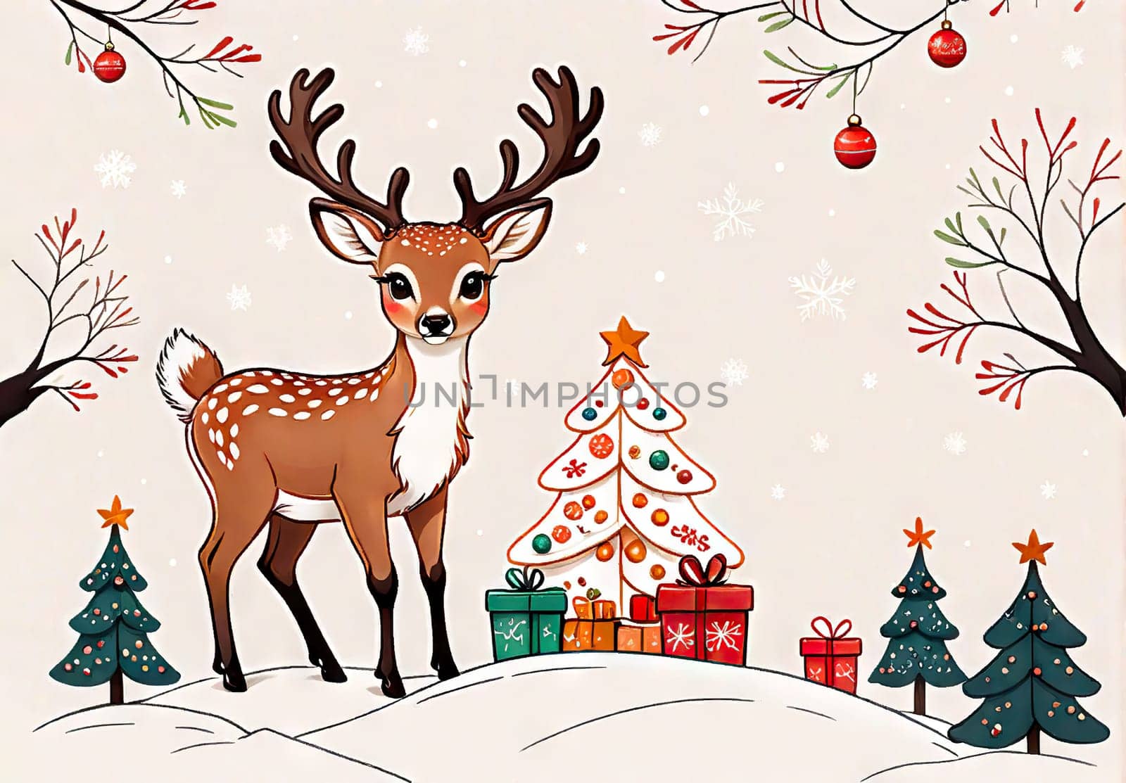 Cartoon cute Christmas reindeer illustration on winter background by EkaterinaPereslavtseva