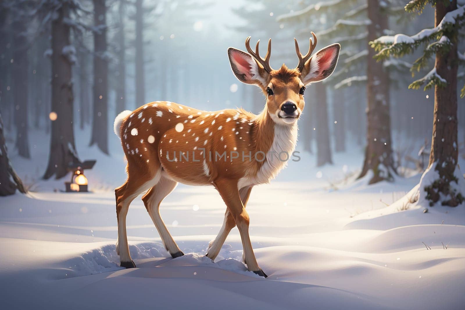 Christmas reindeer with antlers, winter season card In the background.