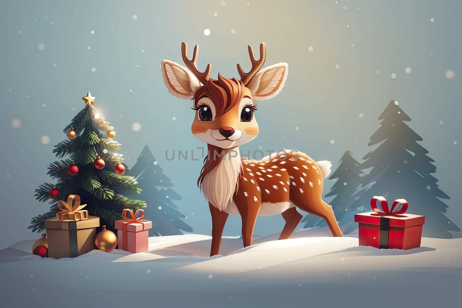 cute cartoon Christmas deer on background. Cute animals with Christmas tree and presents