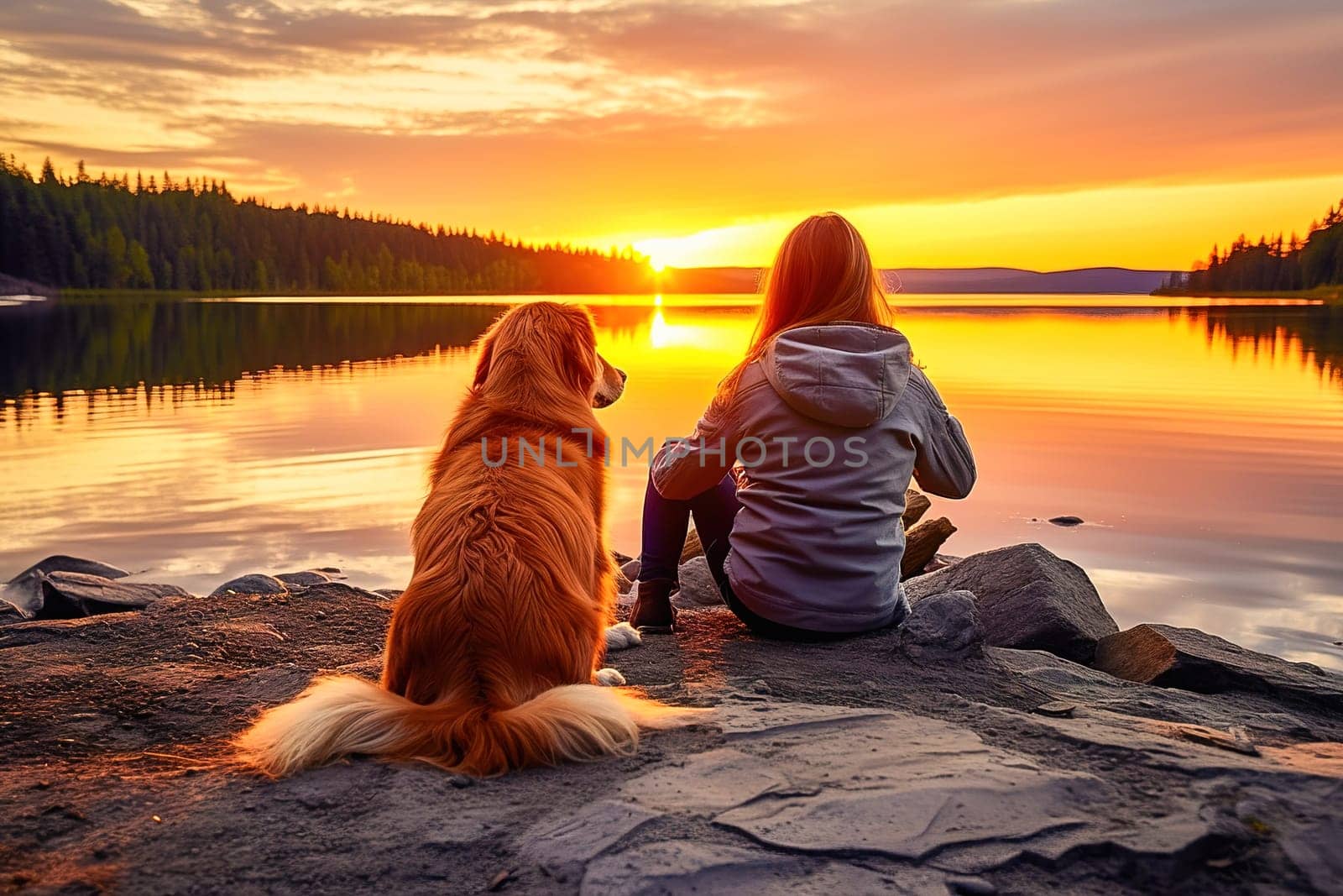 A woman and a dog sit on the shore of a lake during sunset. High quality photo