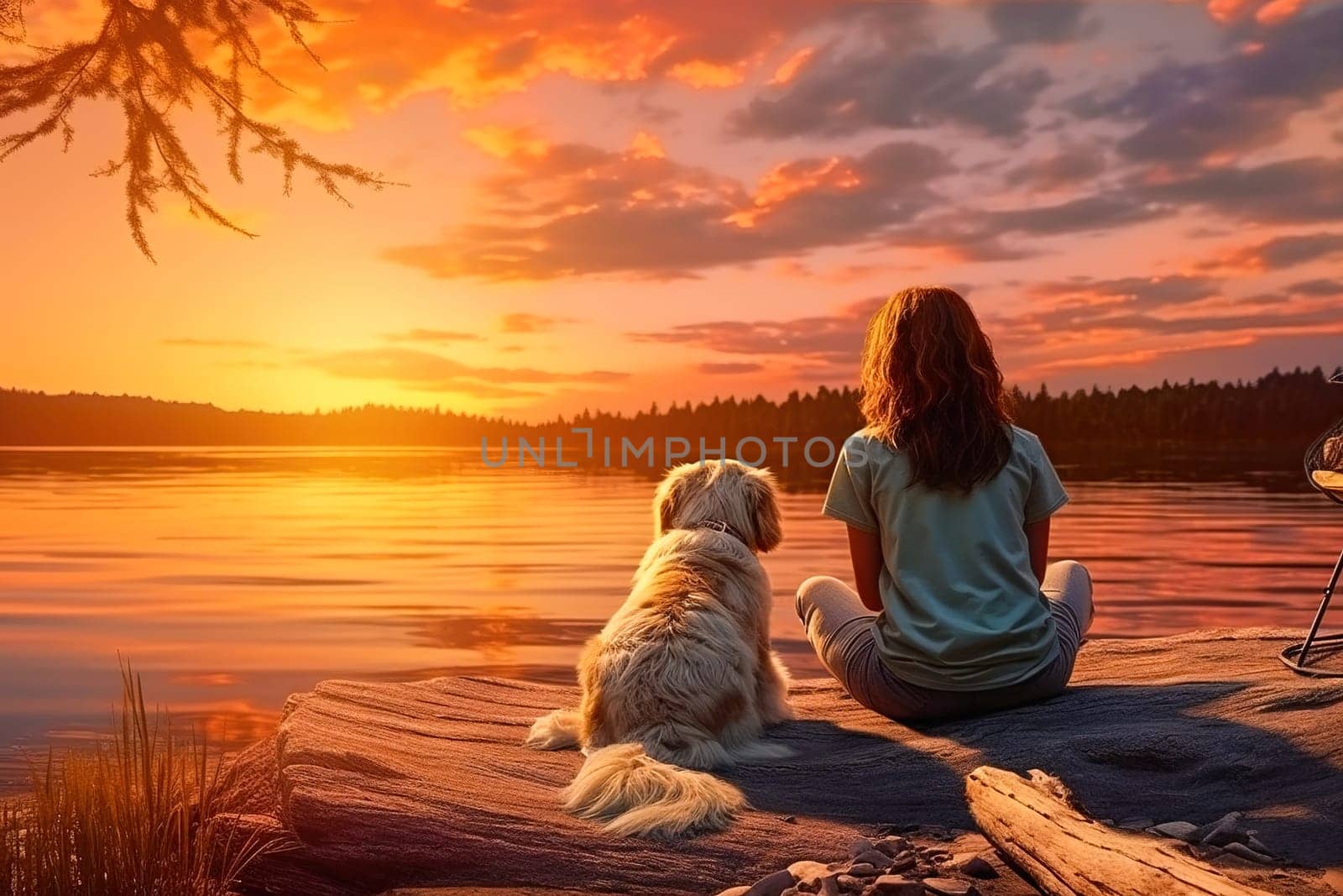 A woman and a dog sit on the shore of a lake during sunset. High quality photo