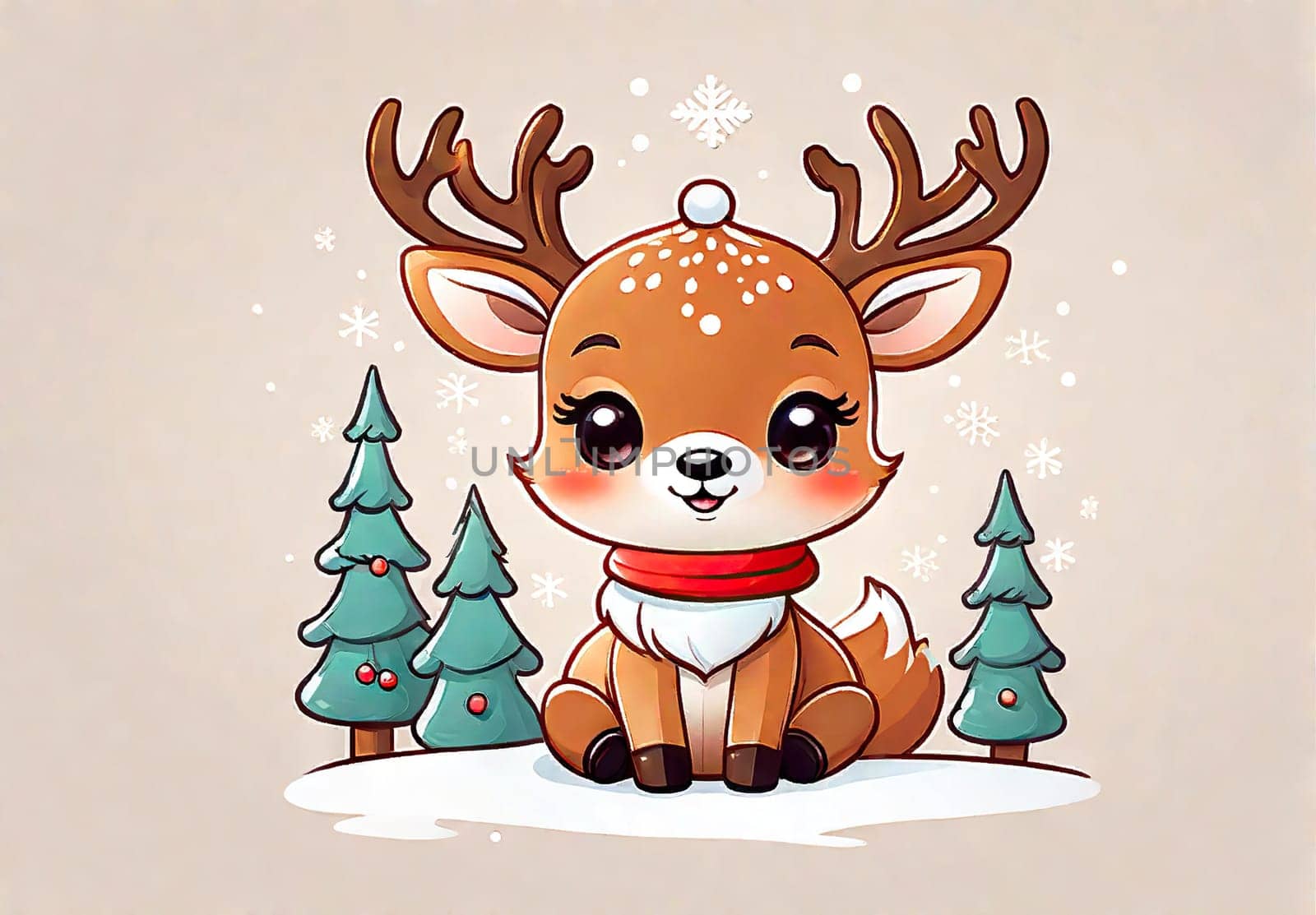 Cartoon cute Christmas reindeer illustration on winter background by EkaterinaPereslavtseva