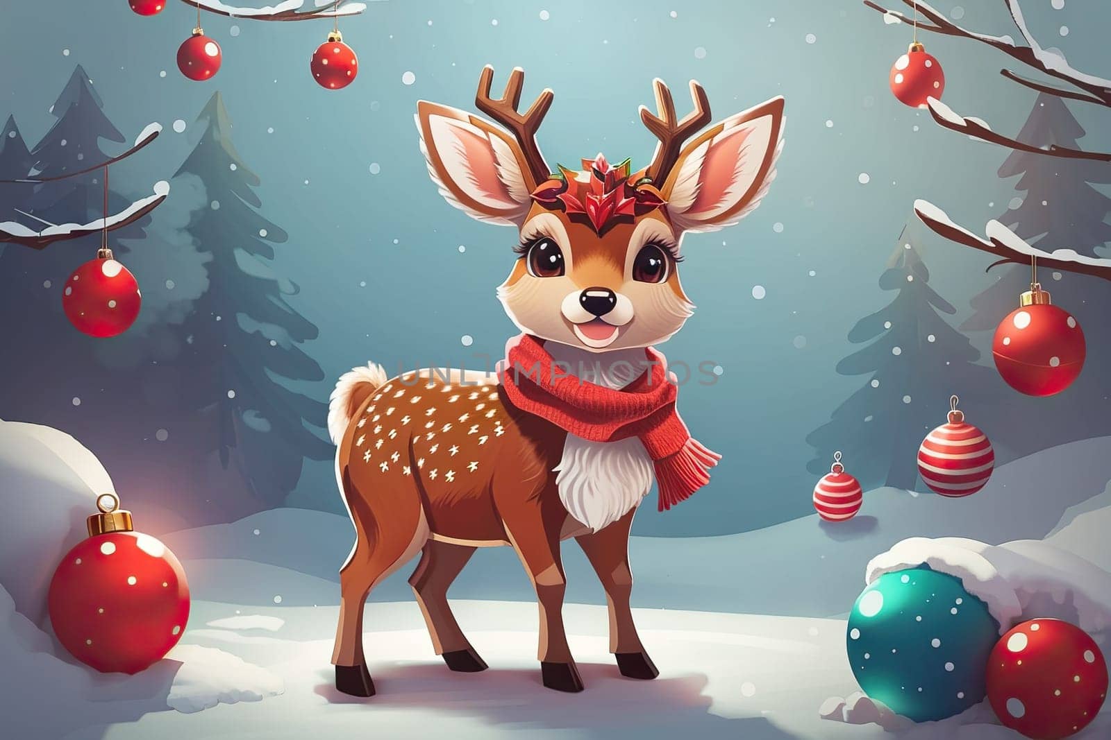 cute cartoon Christmas deer on background. Cute animals with Christmas tree and presents