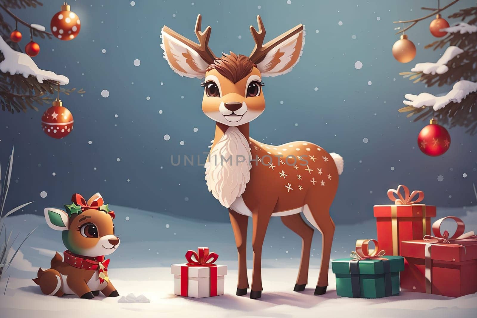 cute cartoon Christmas deer on background. Cute animals with Christmas tree and presents by EkaterinaPereslavtseva