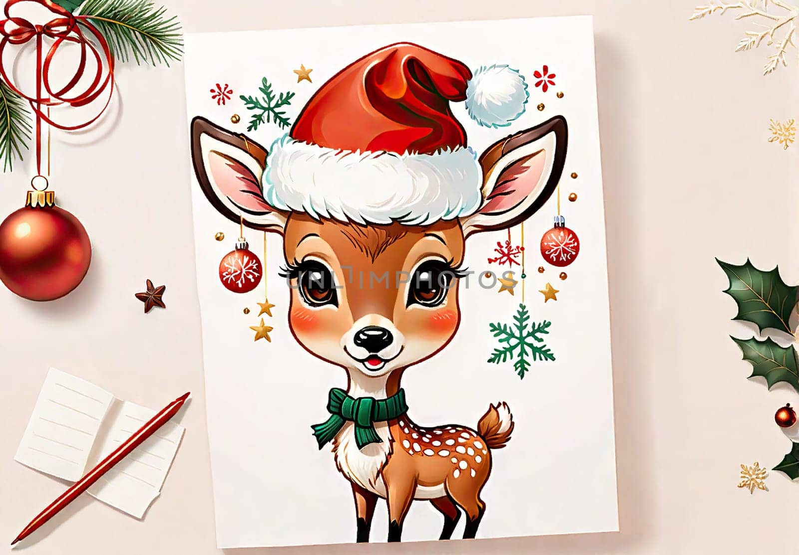 Cartoon cute Christmas reindeer illustration on winter background