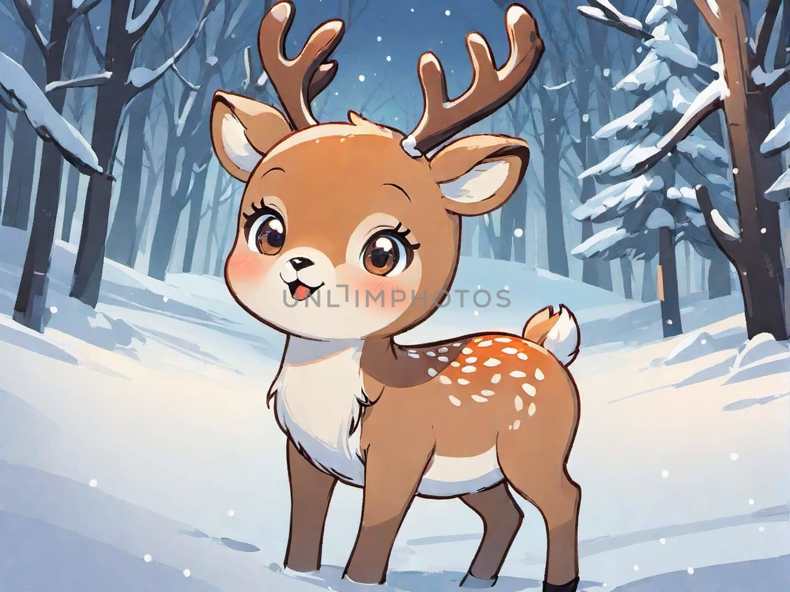 Cartoon cute Christmas reindeer illustration on winter background