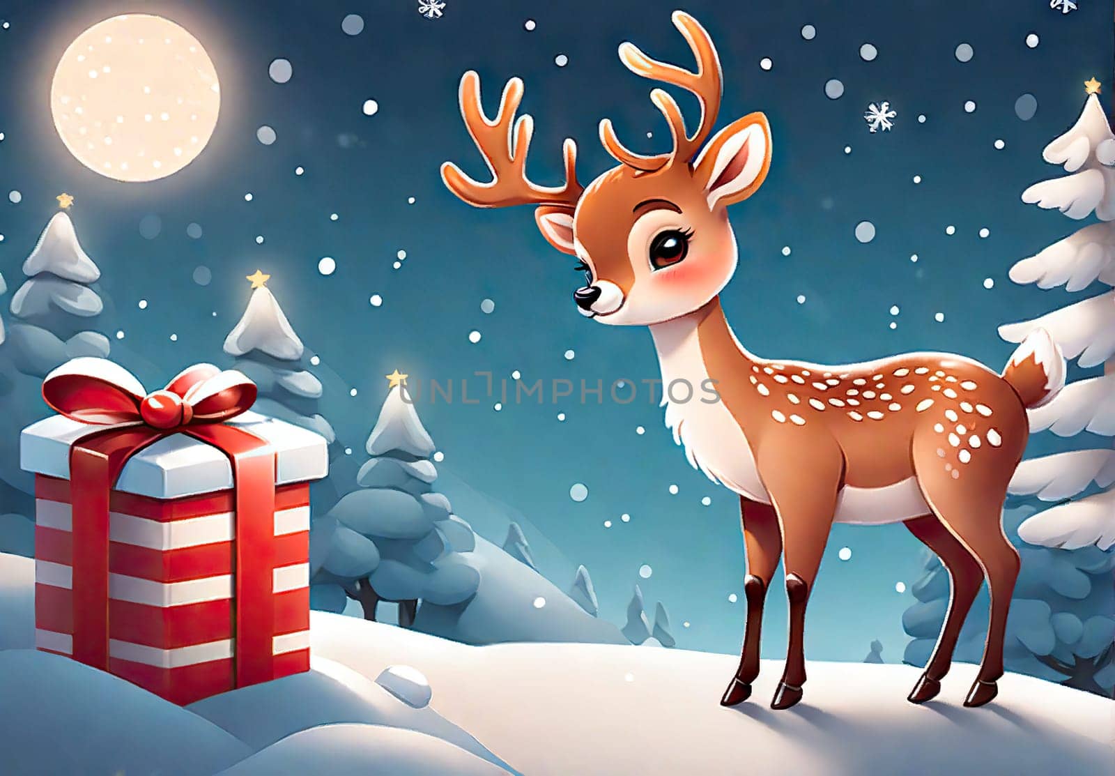 Cartoon cute Christmas reindeer illustration on winter background by EkaterinaPereslavtseva