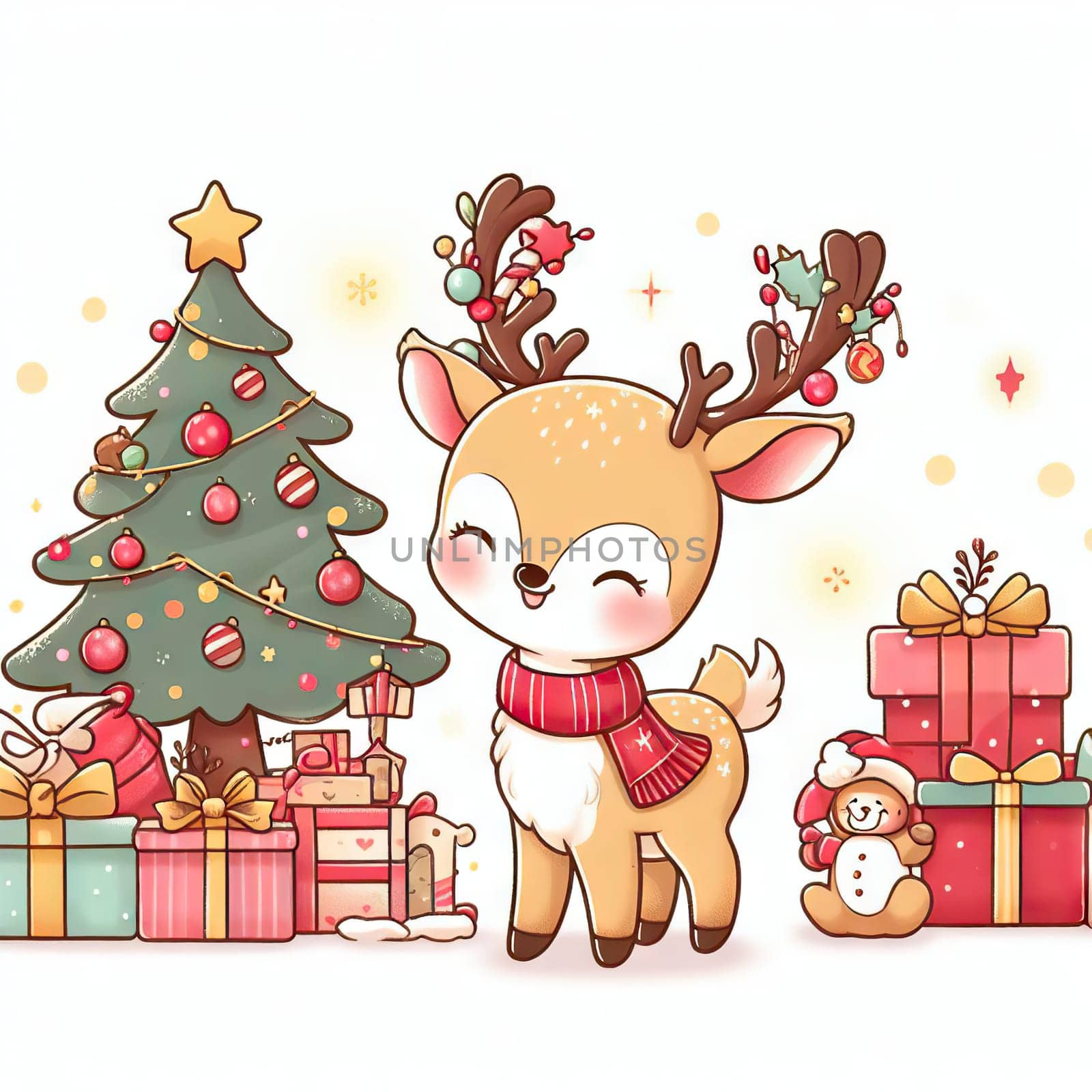 Merry Christmas and happy new year greeting card with cute deer. Holiday cartoon character in winter season.