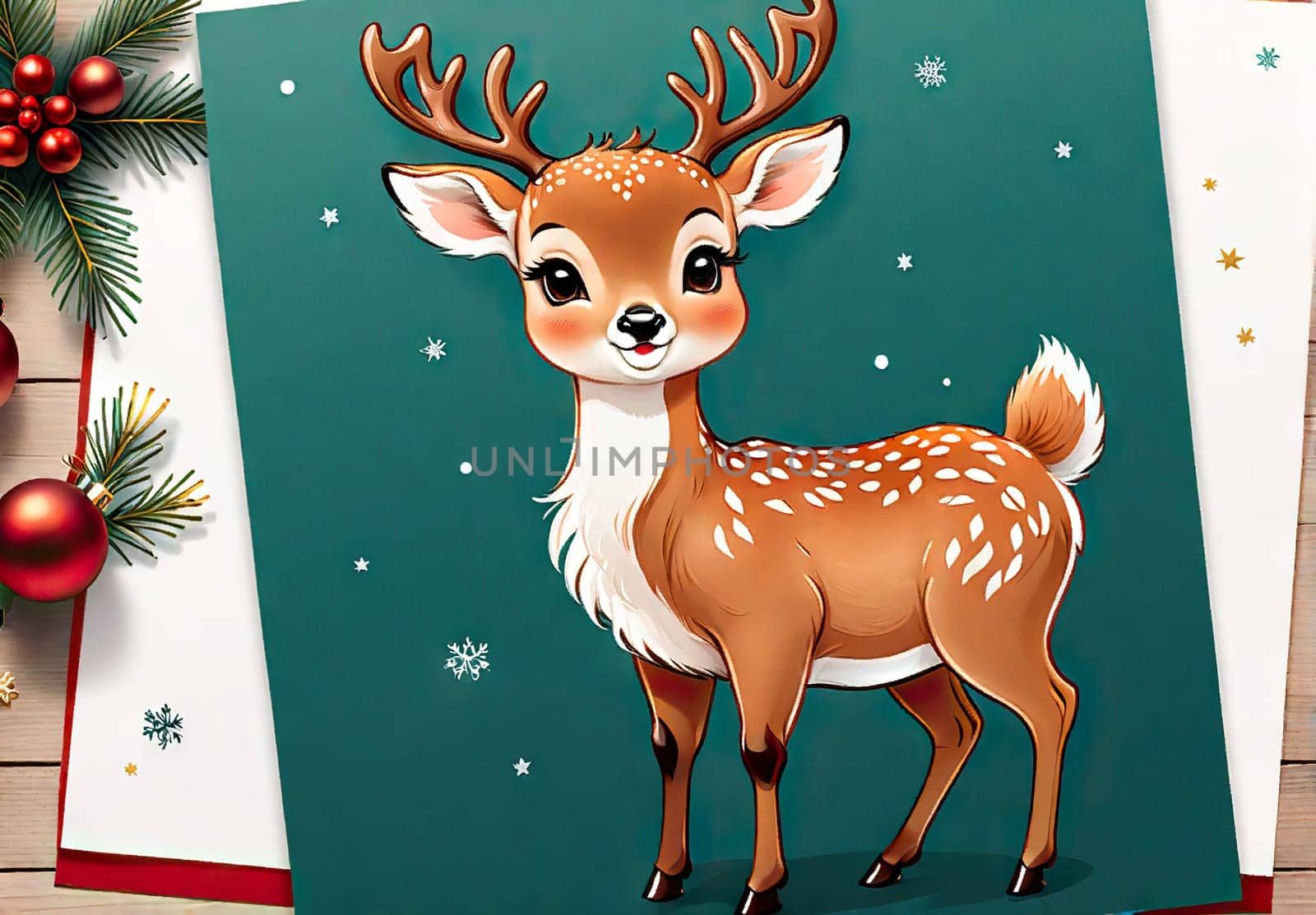 Cartoon cute Christmas reindeer illustration on winter background