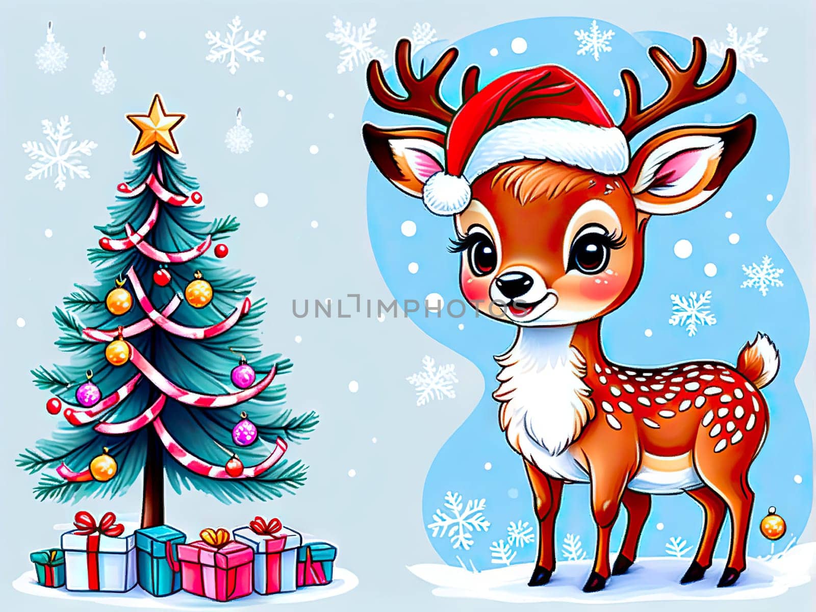 Cartoon cute Christmas reindeer , Happy deer at forest. by EkaterinaPereslavtseva