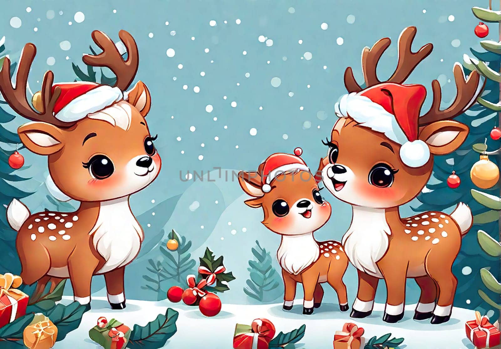 Cartoon cute Christmas reindeer illustration on winter background