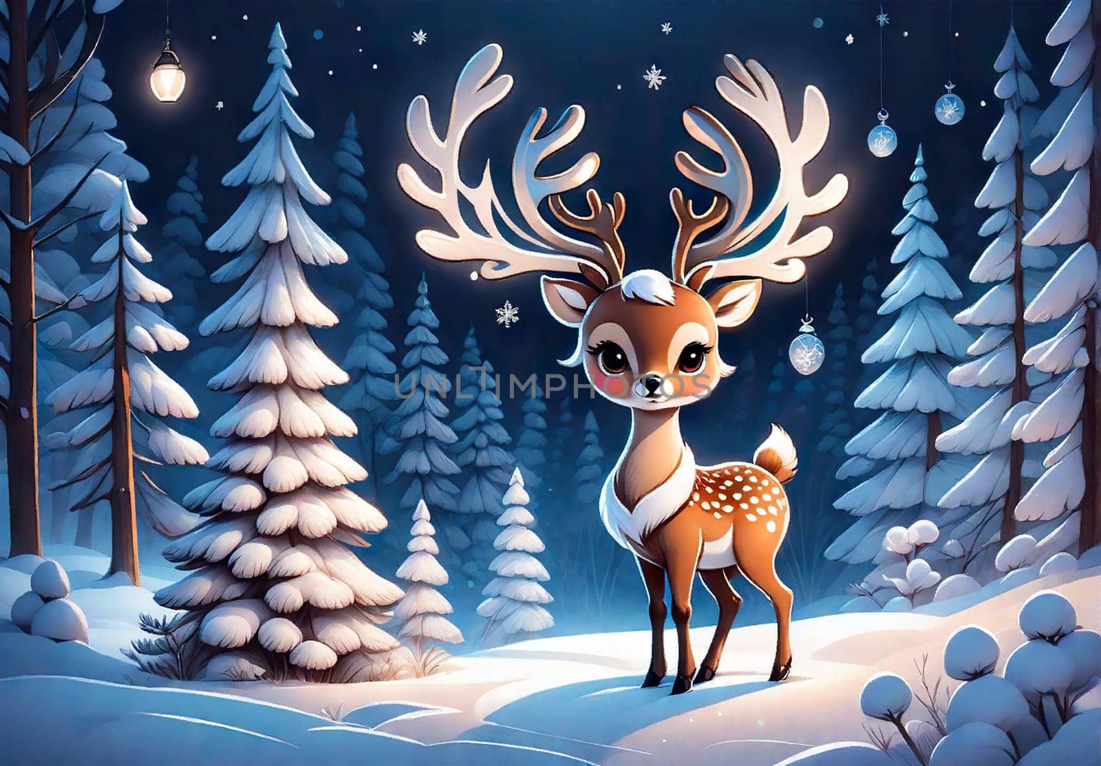 Merry Christmas and happy new year greeting card with cute deer. Holiday cartoon character in winter season. by EkaterinaPereslavtseva