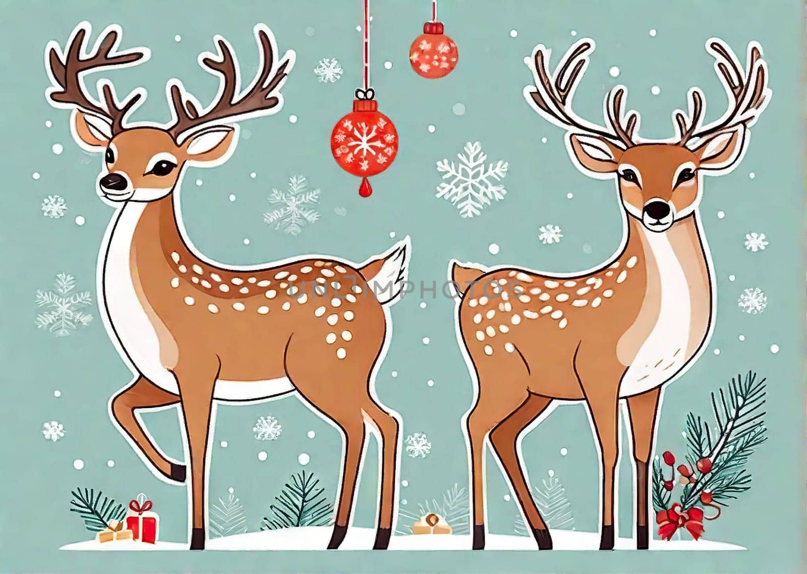 Painted deer with Christmas tree and gifts to create holiday cards, backgrounds and decorations. by EkaterinaPereslavtseva
