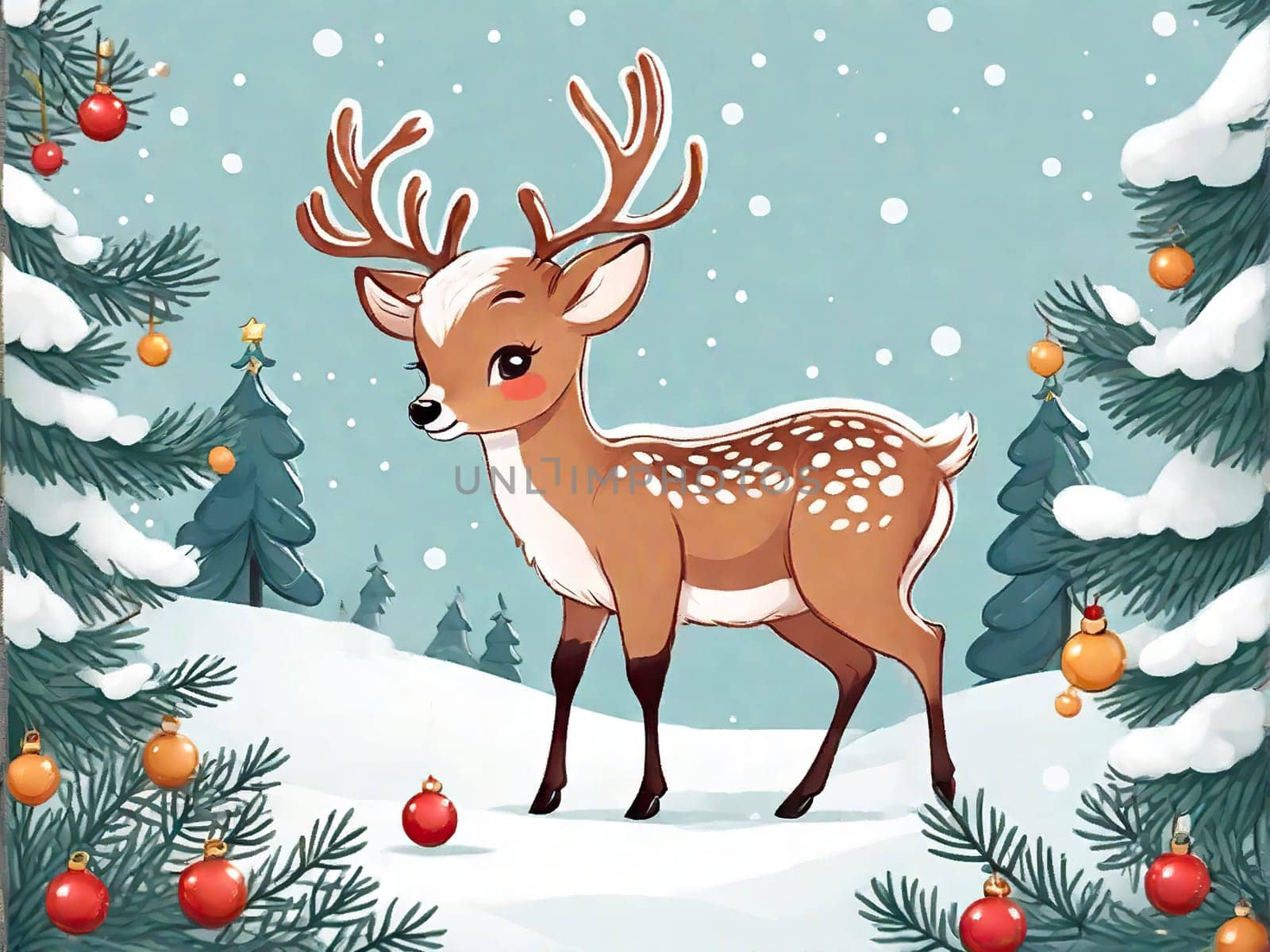 Cartoon cute Christmas reindeer illustration on winter background by EkaterinaPereslavtseva