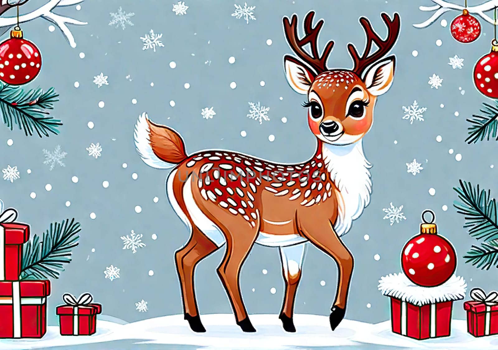 Cartoon Christmas reindeer on background winter landscape. postcard for your design