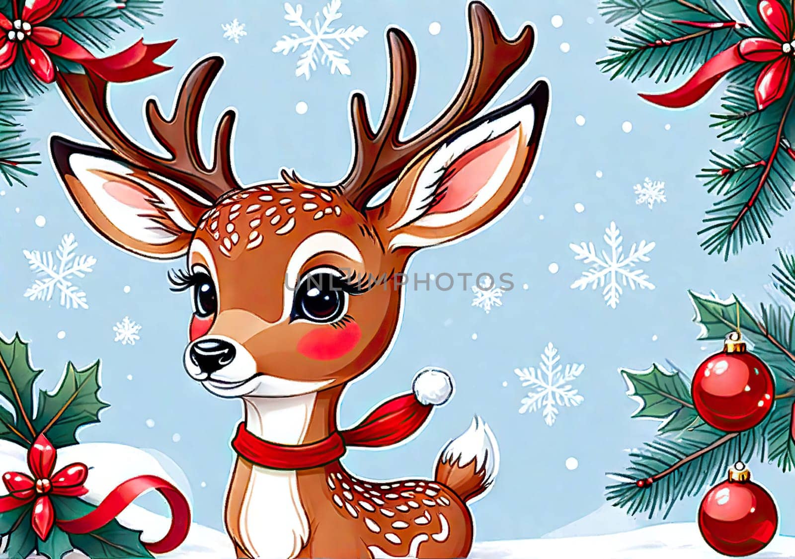 Cartoon Christmas reindeer on background winter landscape. postcard for your design