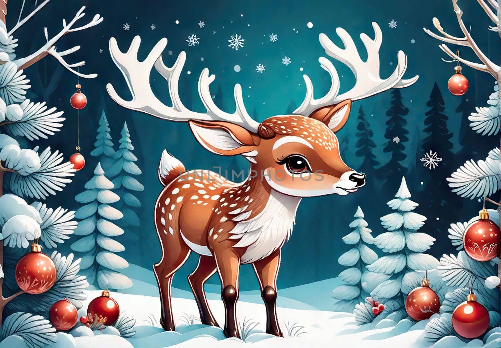 Merry Christmas and happy new year greeting card with cute deer. Holiday cartoon character in winter season.