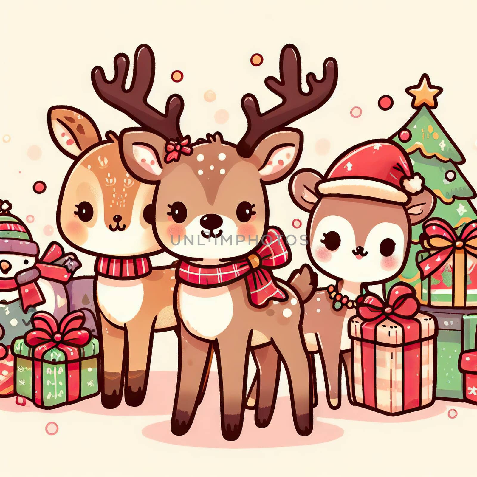 Illustration cute cartoon Christmas deer on background. Cute animals with Christmas tree and presents by EkaterinaPereslavtseva