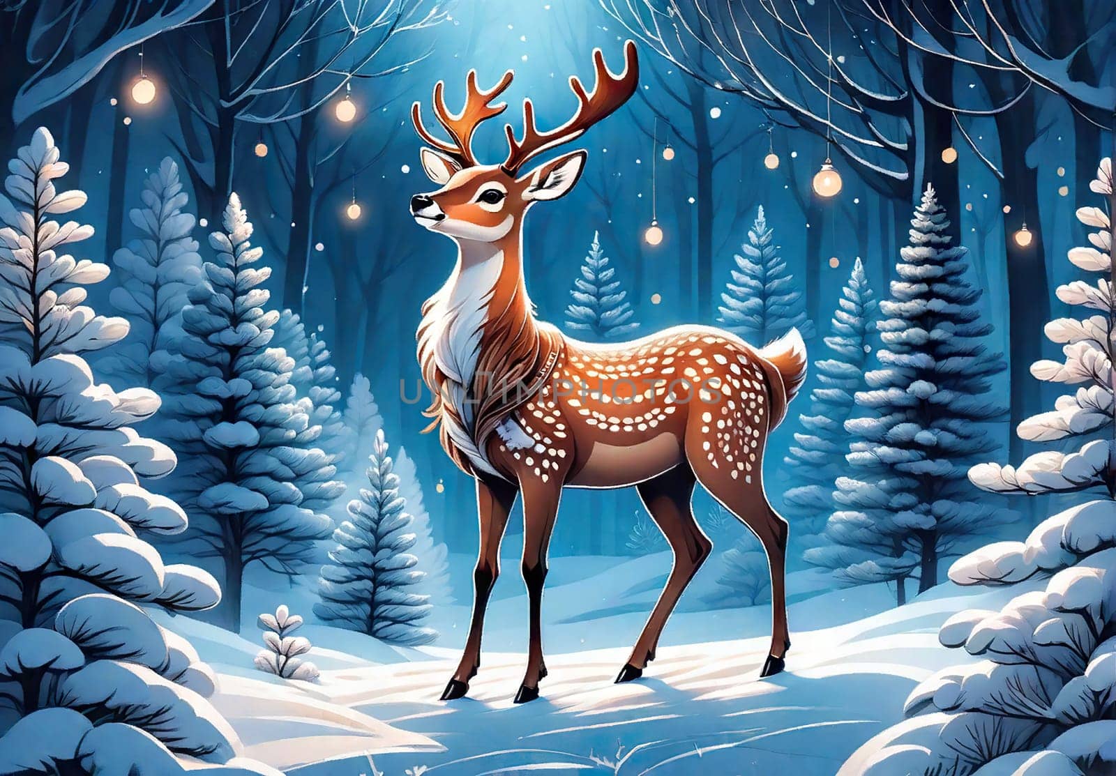 Merry Christmas and happy new year greeting card with cute deer. Holiday cartoon character in winter season.