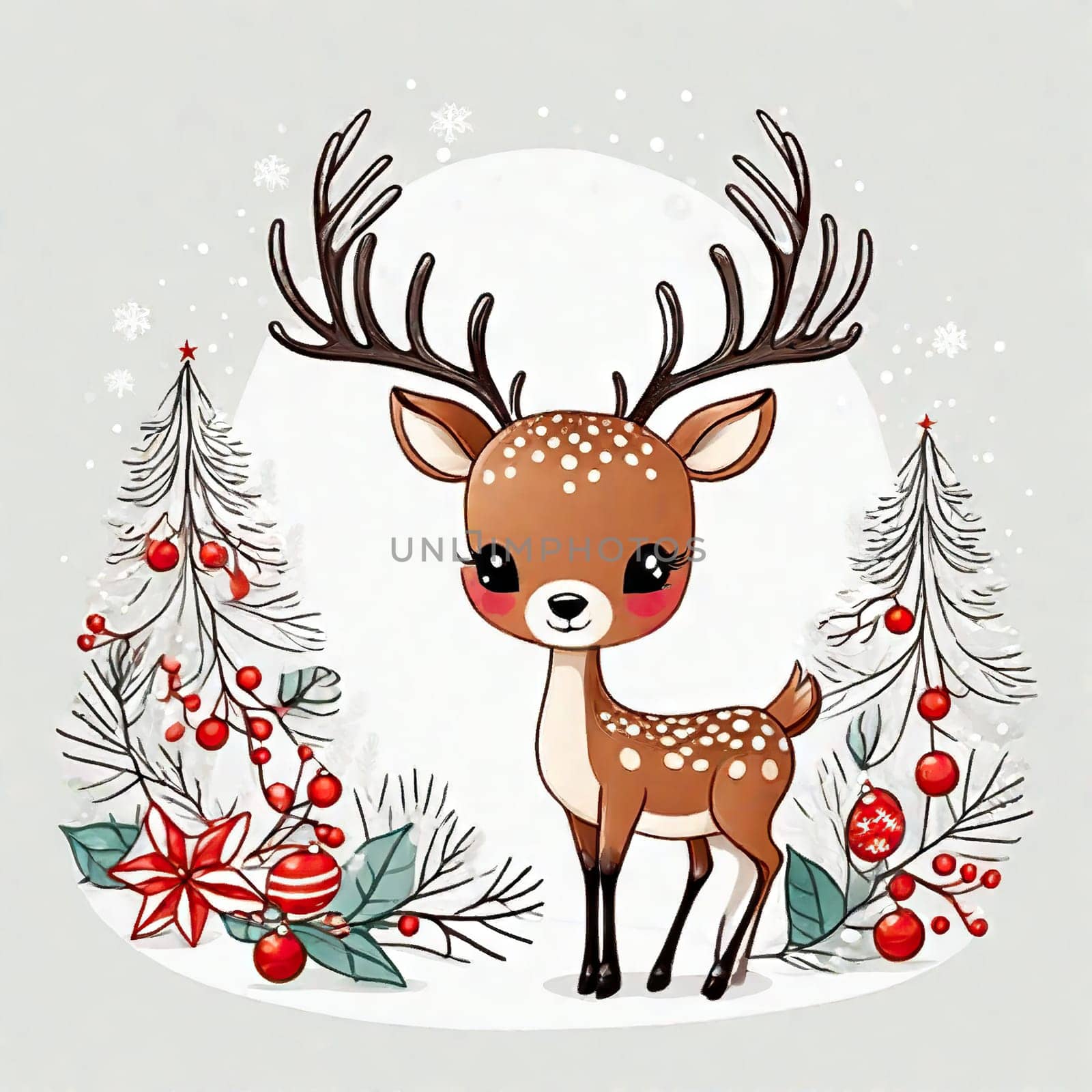 Painted deer with Christmas tree and gifts to create holiday cards, backgrounds and decorations. by EkaterinaPereslavtseva