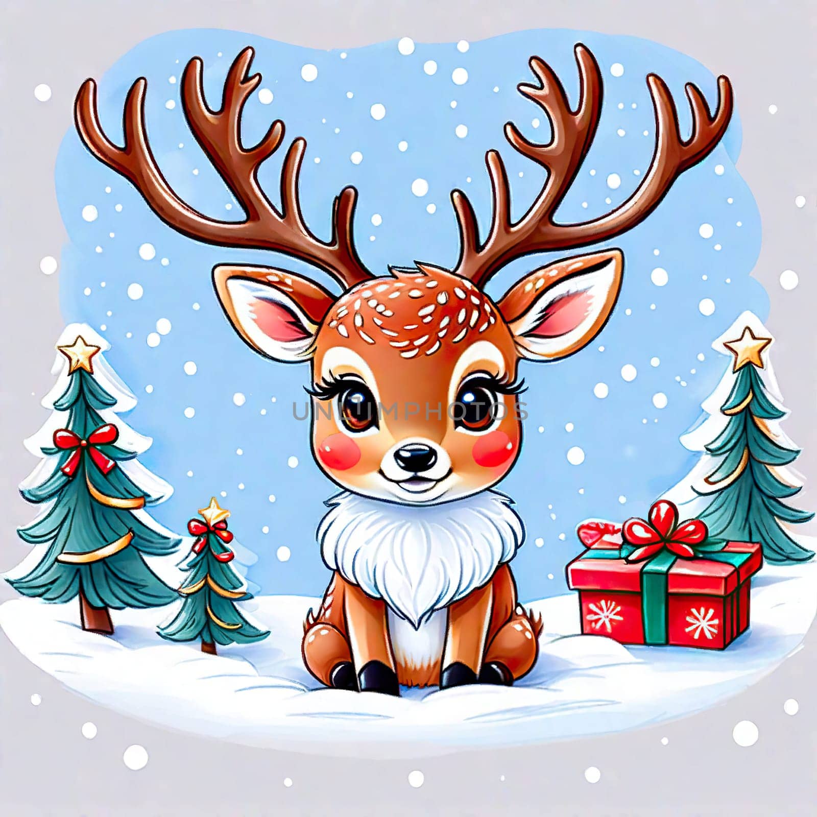 Cartoon Christmas reindeer on background winter landscape. postcard for your design