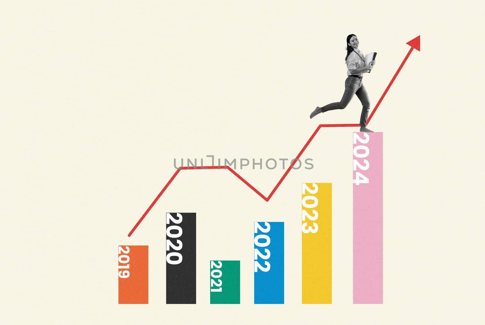 Collage photo concept. Businesswoman with graph going next 2024th with growth target financial.