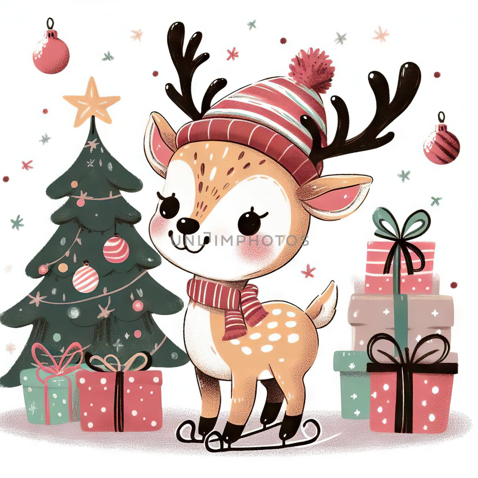 Merry Christmas and happy new year greeting card with cute deer. Holiday cartoon character in winter season. by EkaterinaPereslavtseva