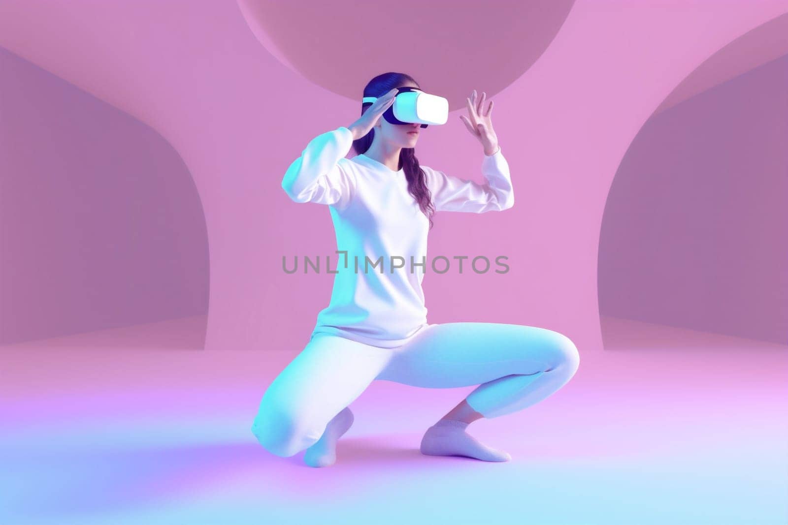 innovation woman neon reality digital sport game virtual vr technology glasses. Generative AI. by Vichizh