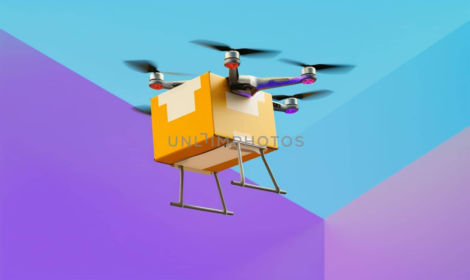 helicopter drone delivery air city sky shipment box remote aircraft cargo technology fast propeller fly blue flying copter post flight. Generative AI.
