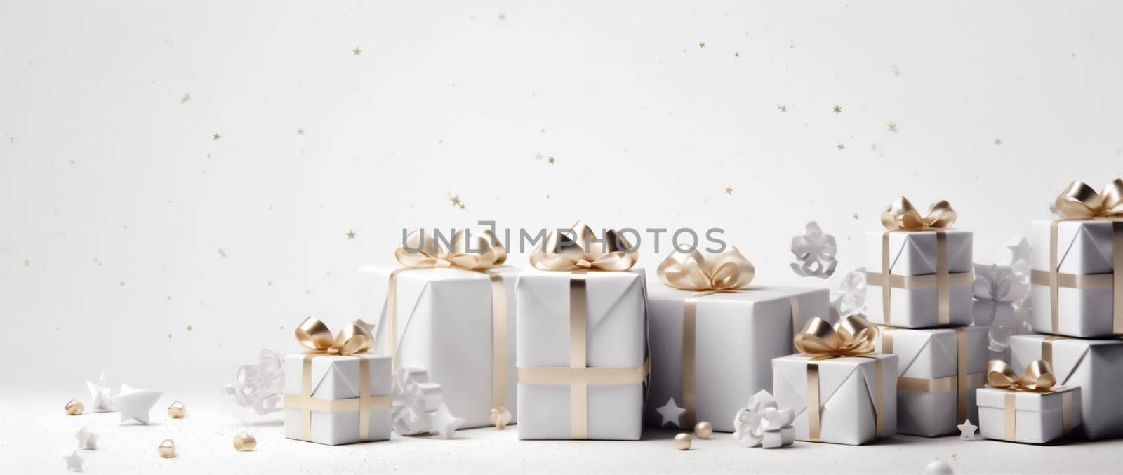 gift gold decoration render surprise xmas banner layout isolated birthday holiday confetti christmas design white present modern happy red box. Generative AI.