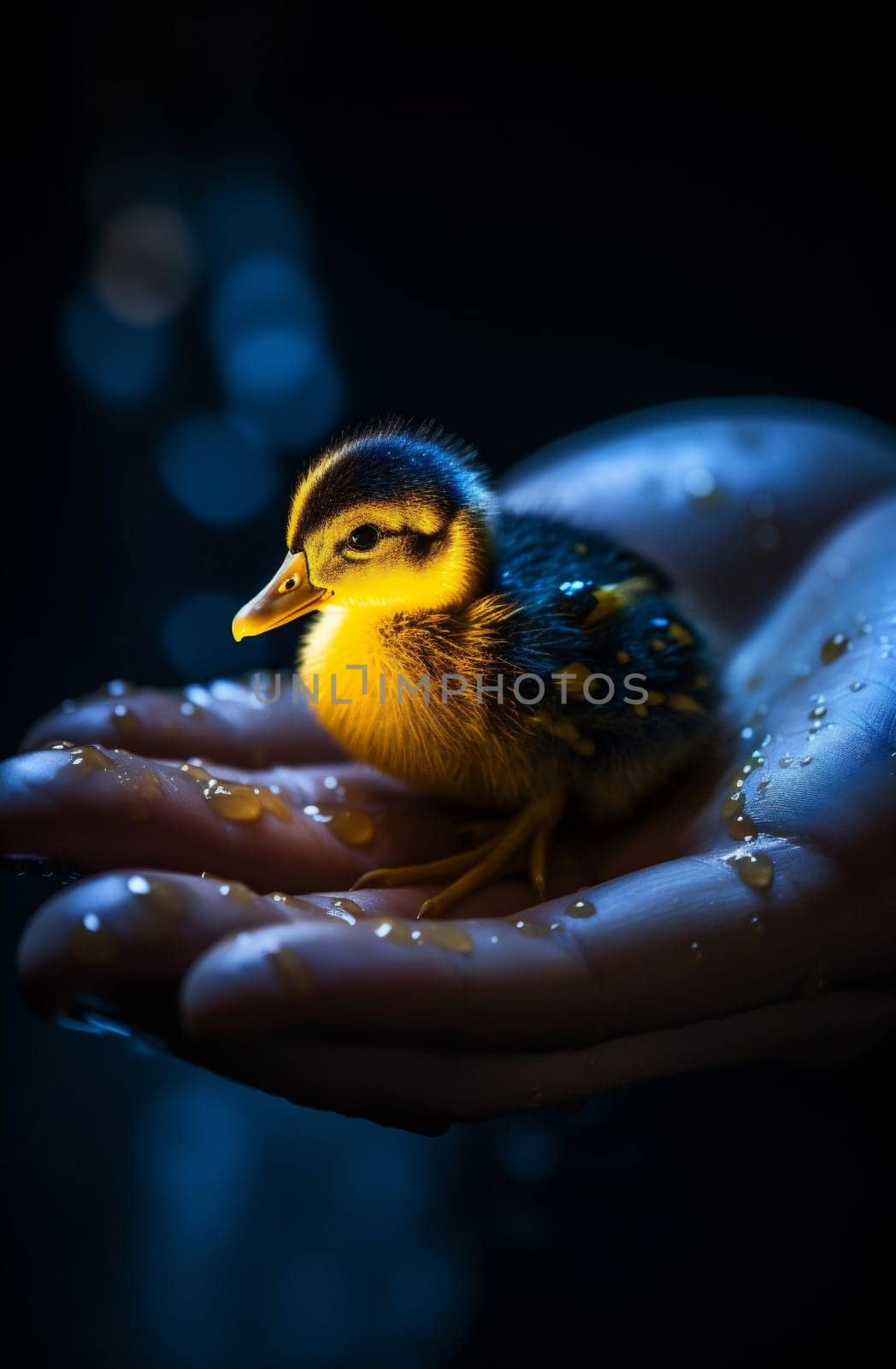 little child bird farm girl close-up yellow duckling hand duck. Generative AI. by Vichizh