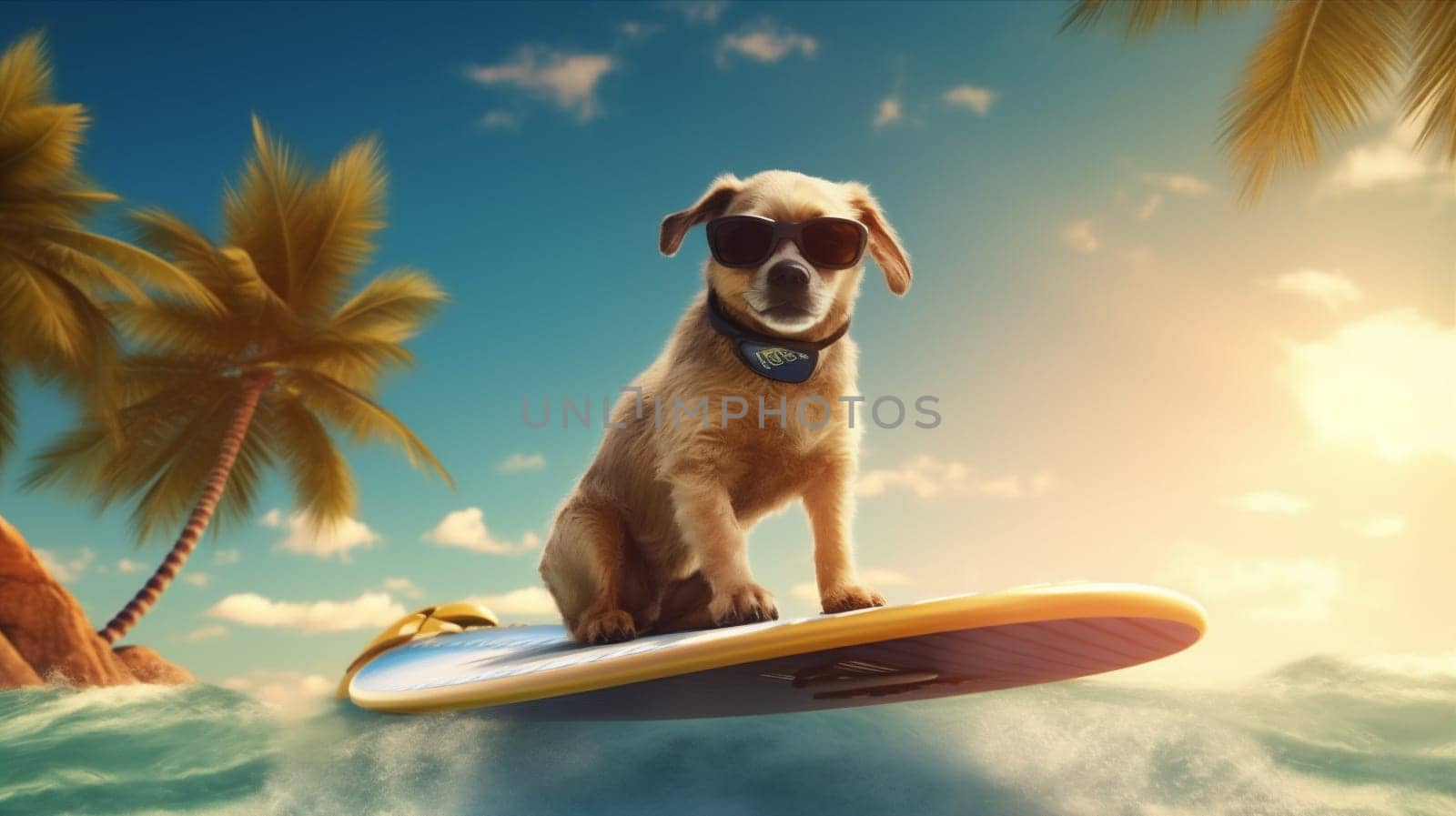 dog surfer beach ocean wave puppy vacation funny summer animal. Generative AI. by Vichizh
