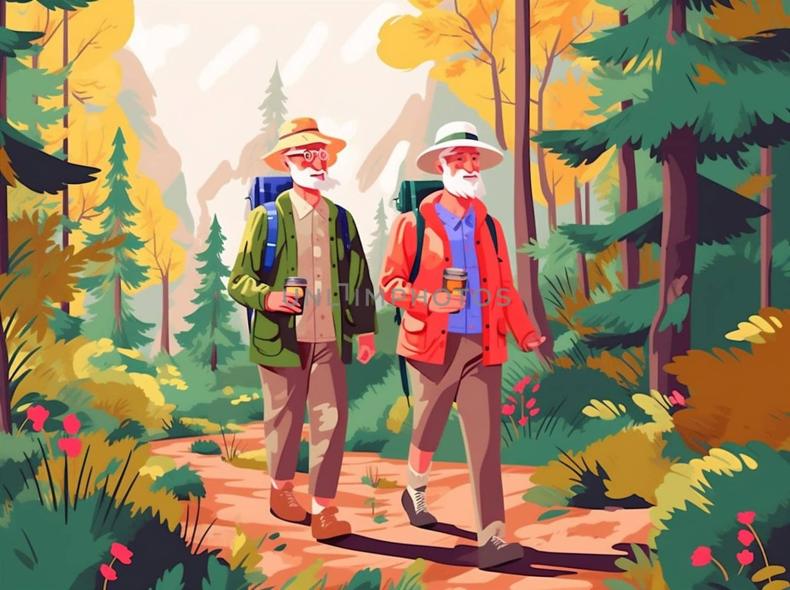 senior active adventure trekking lifestyle elderly pensioner old illustration aged backpack hike hiking walking happy love couple family person grandfather. Generative AI.