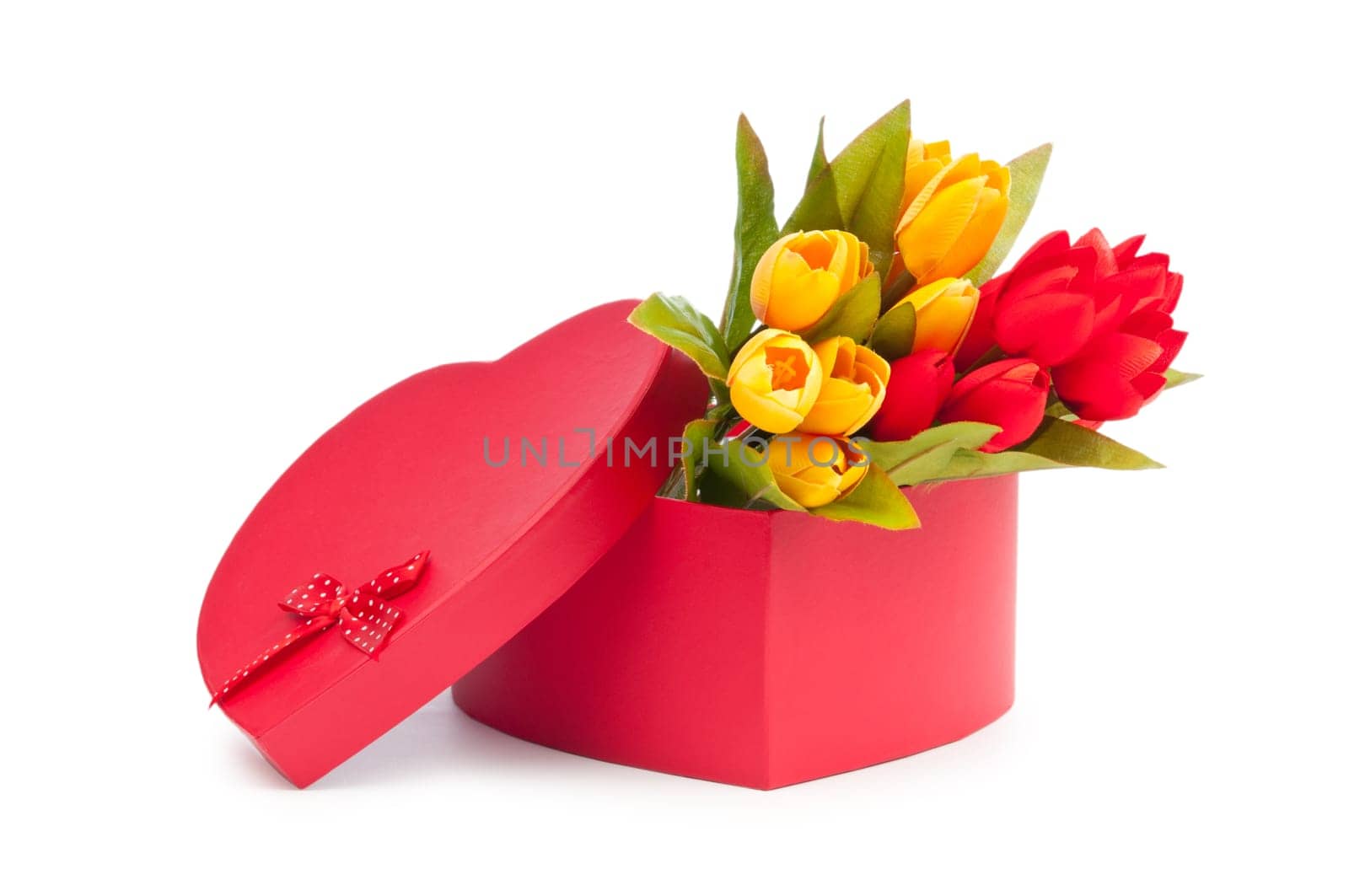Flowers and gift box isolated on white