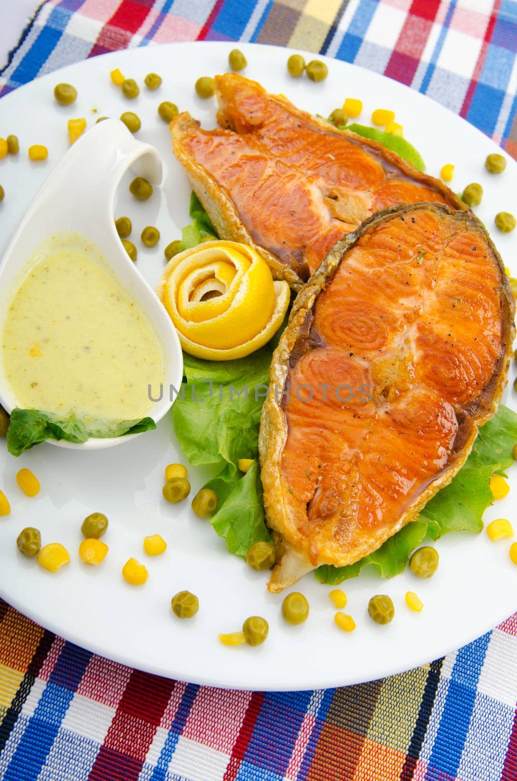 Roasted salmon in the plate