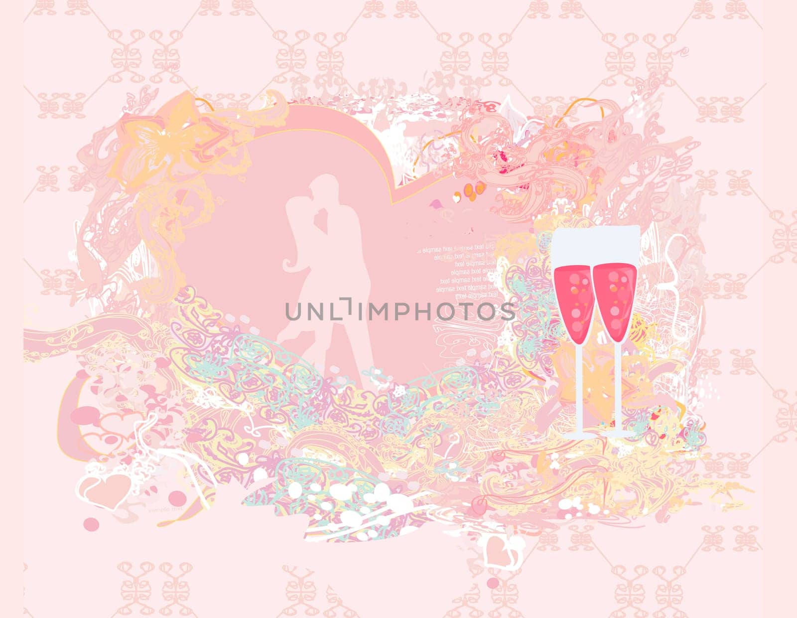 Floral greeting card with silhouette of romantic couple and two glasses chapagne