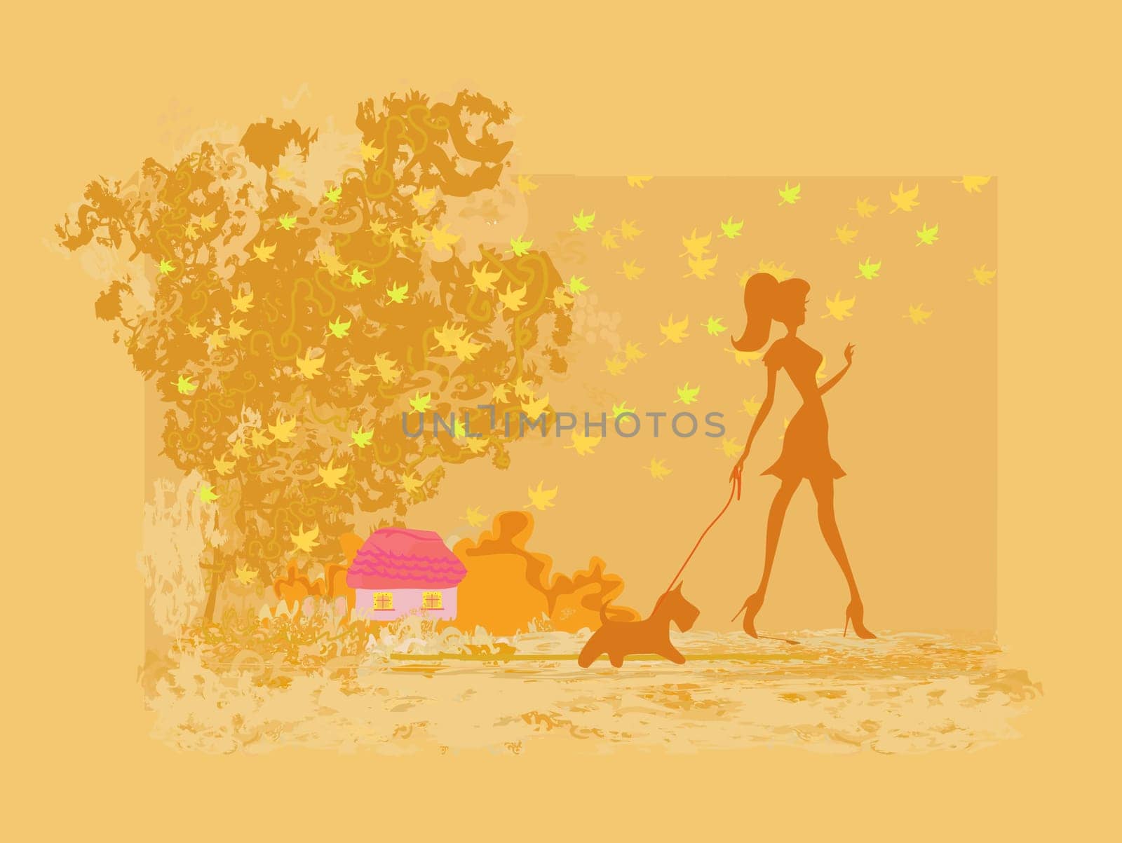 Girl walking with her dog in autumn landscape.