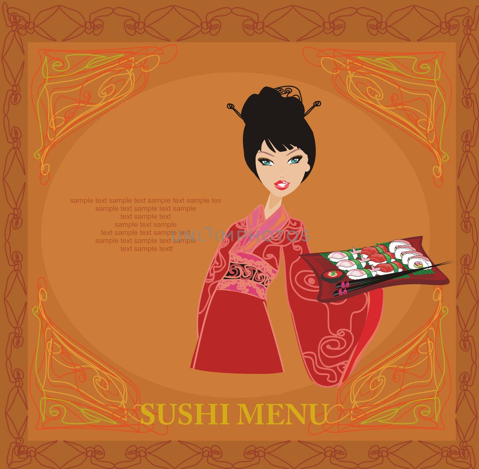 beautiful Asian girl enjoy sushi - menu template
