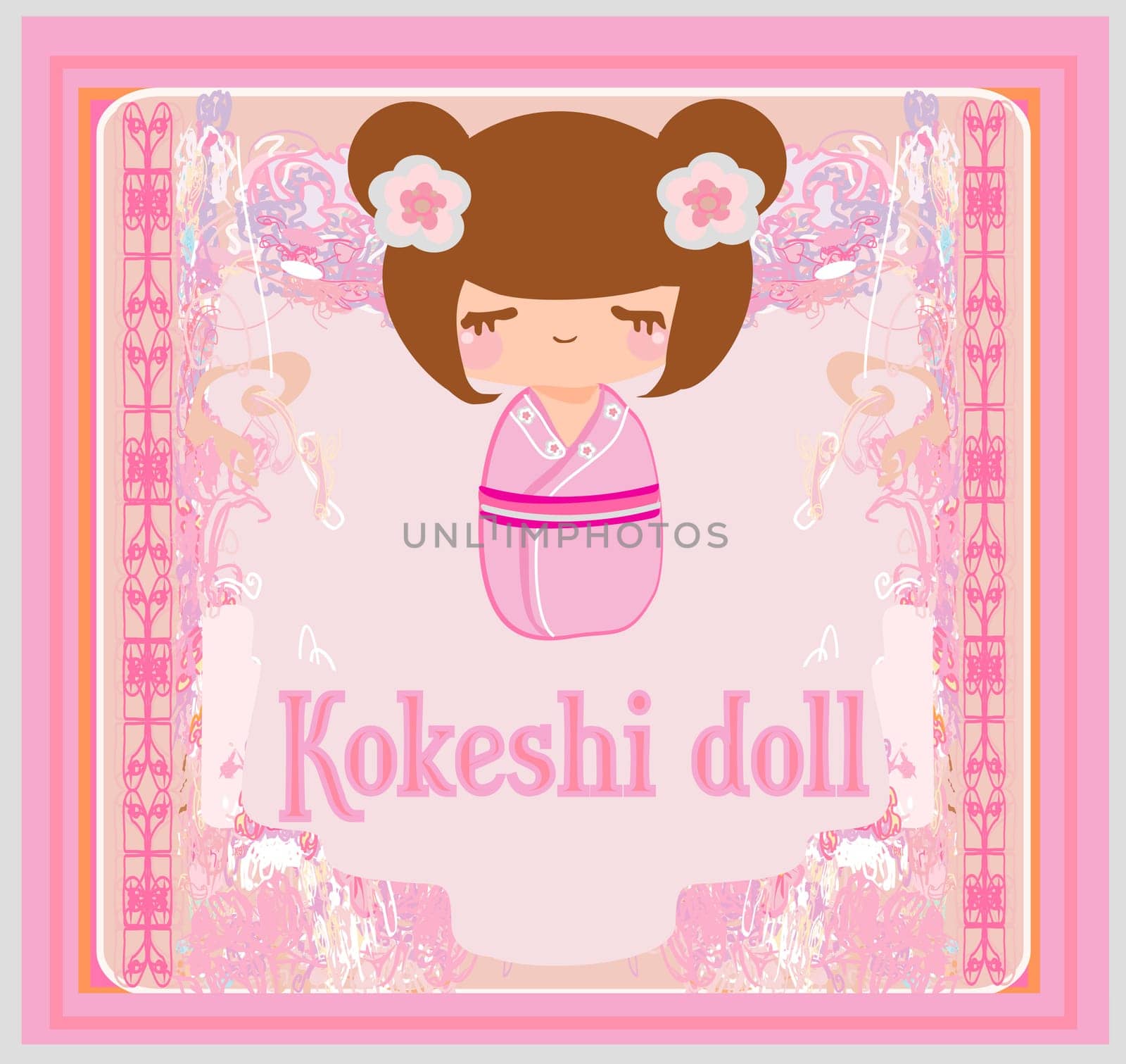 Kokeshi doll on the pink background with floral ornament