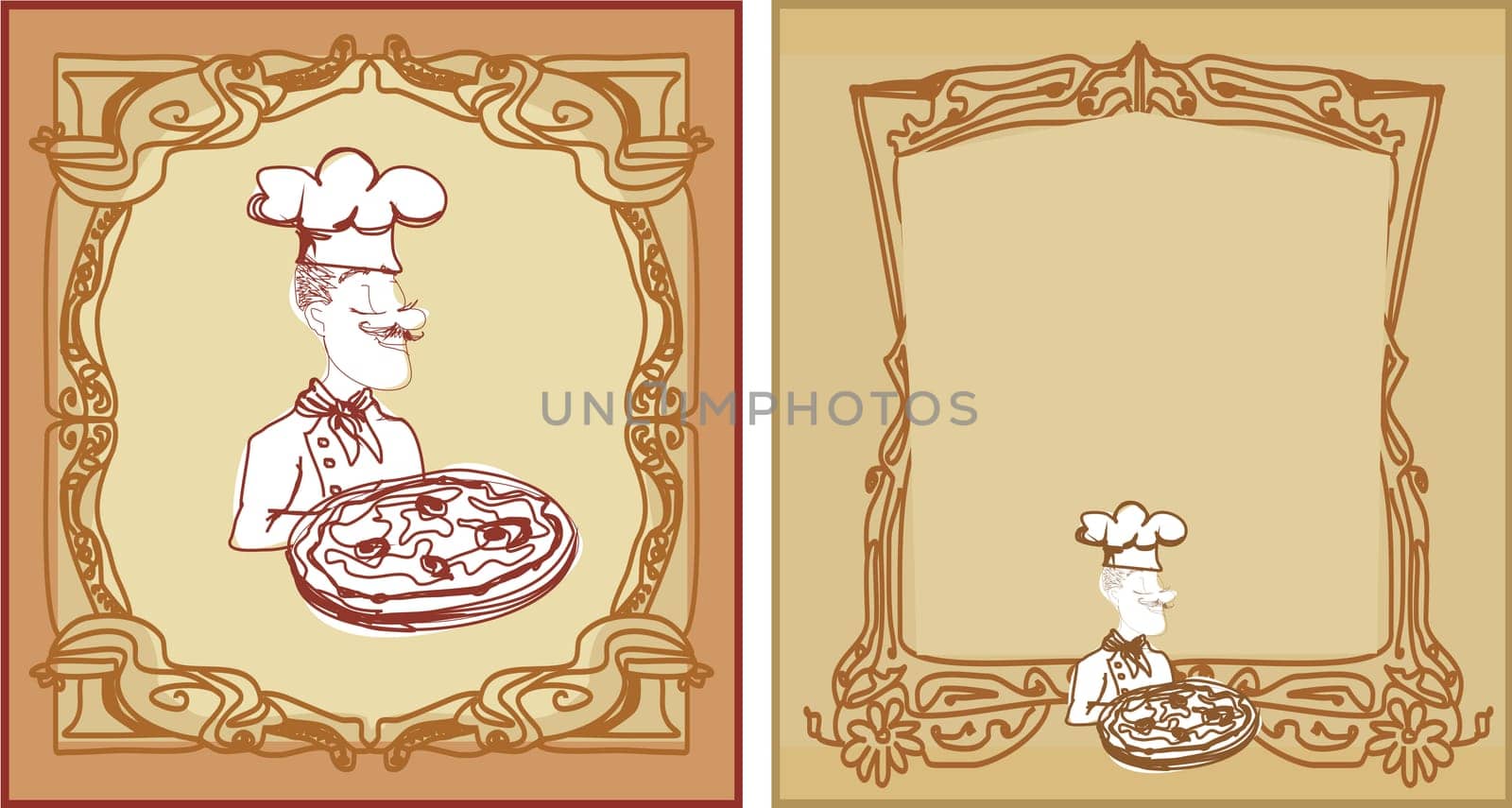 chef with pizza - menu restaurant set