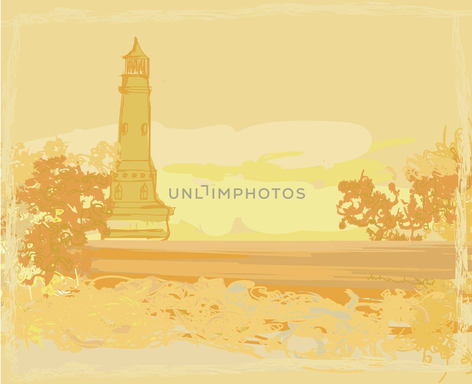 lighthouse seen from a tiny beach - Grunge Poster