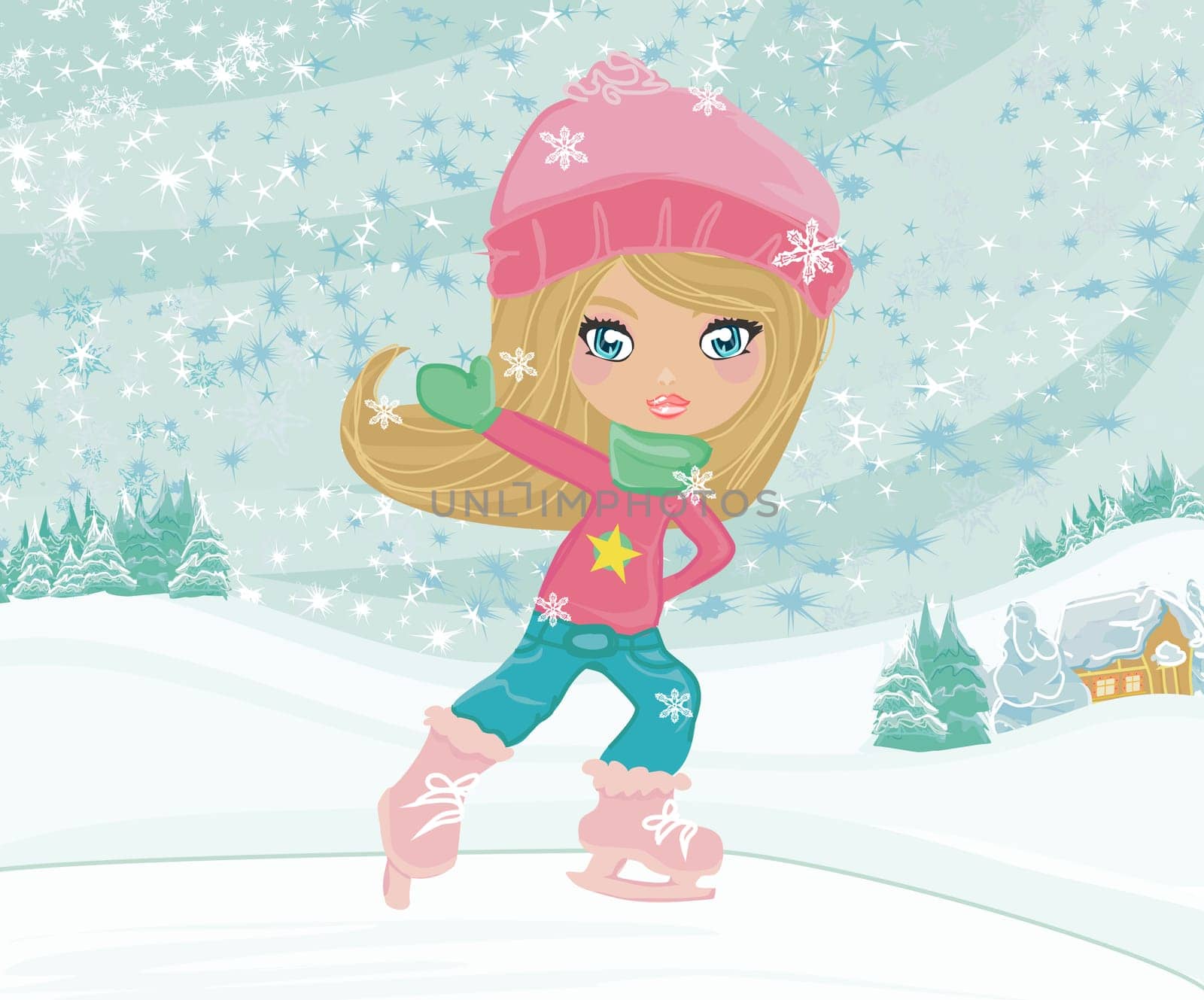 Girl on skates on winter landscape