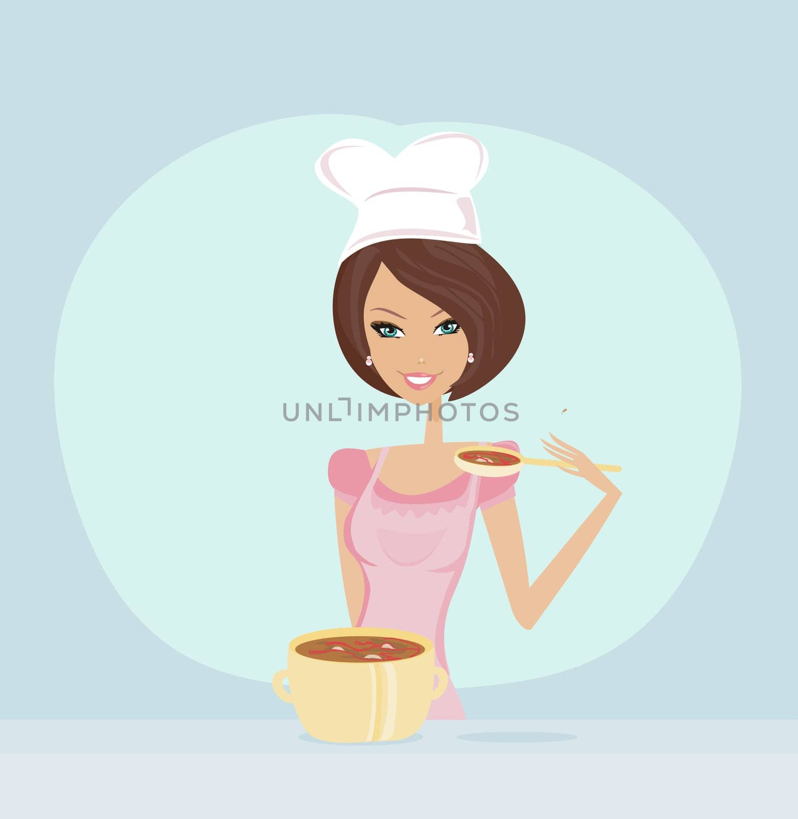 Beautiful lady cooking soup in the kitchen