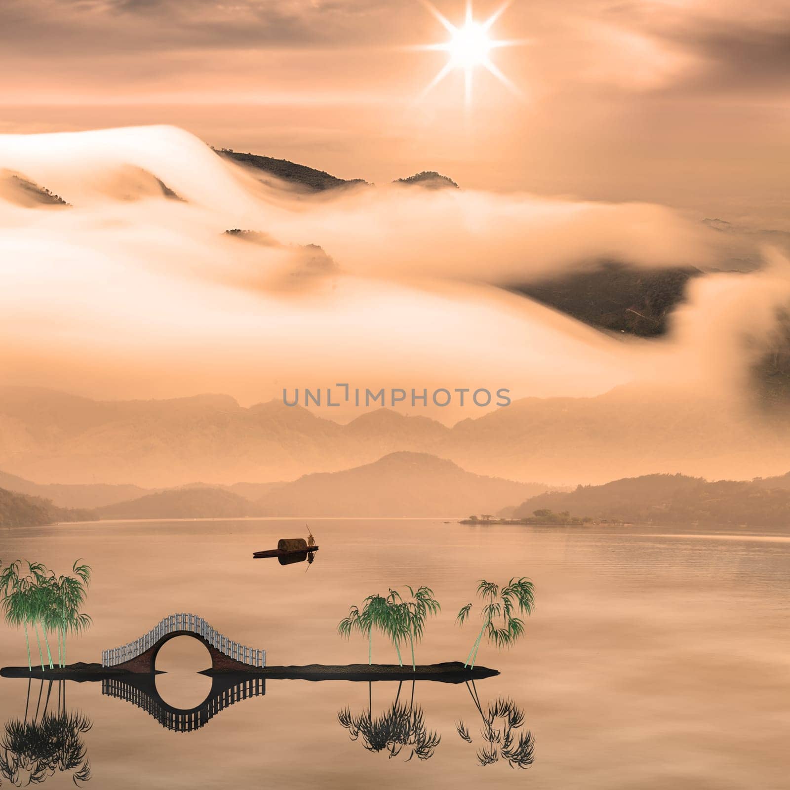 Chinese landscape painting - Sunset of Fisherman