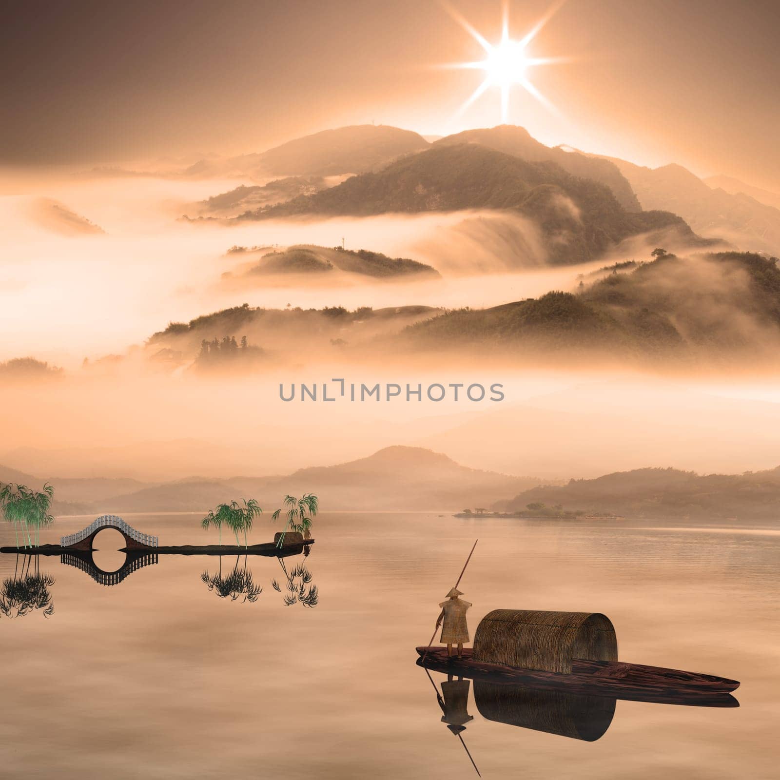 Chinese landscape painting - Sunset of Fisherman