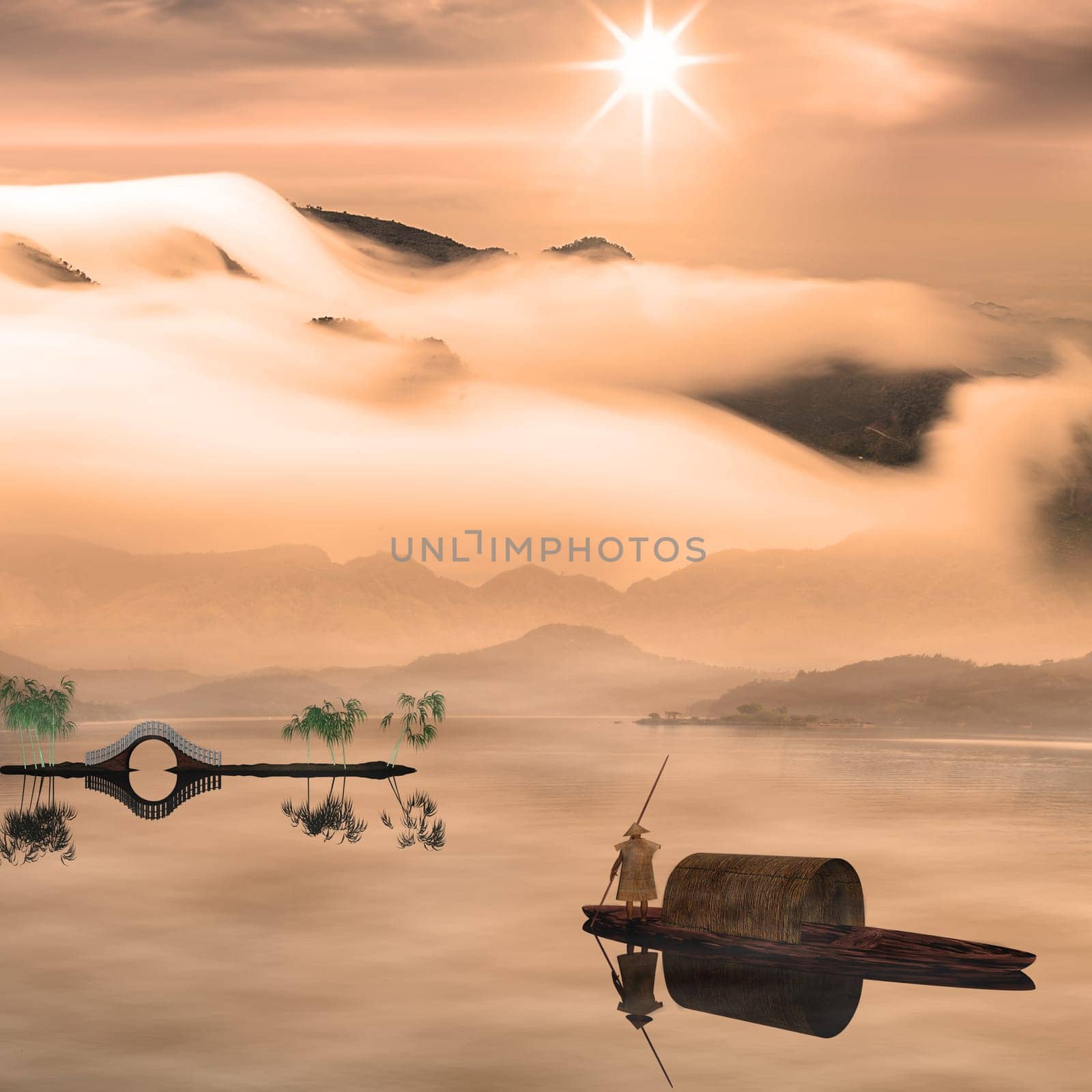 Chinese landscape painting - Sunset of Fisherman