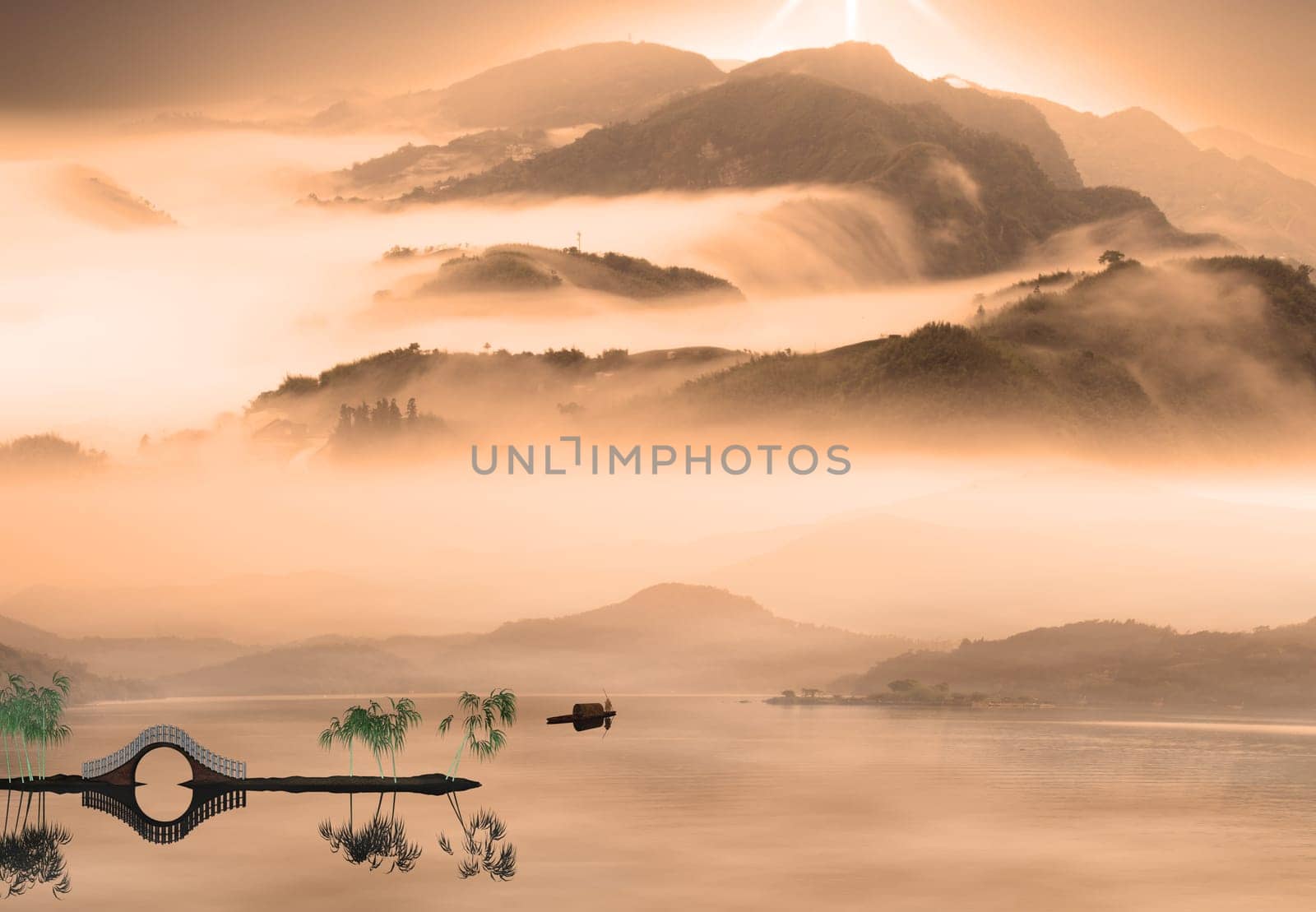 Chinese landscape painting - Sunset of Fisherman
