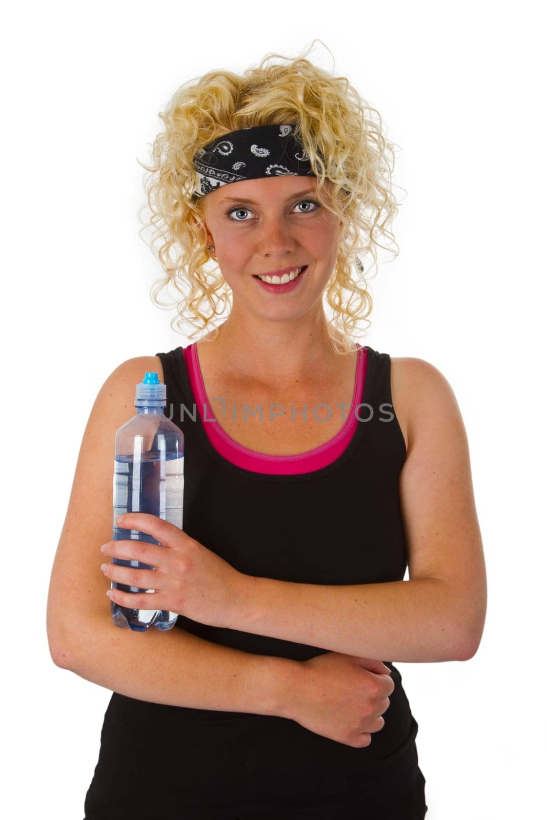 Attractive young woman with water bottle isolated on white background