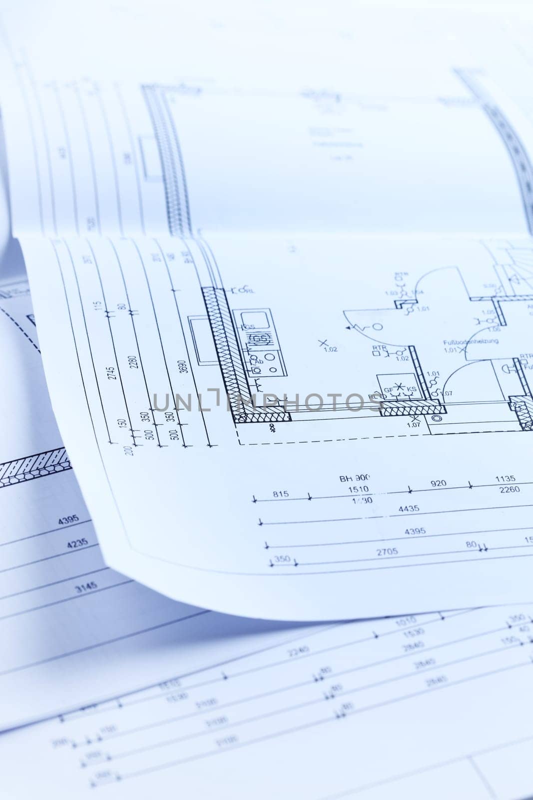 Concept of planning new family house - blueprints