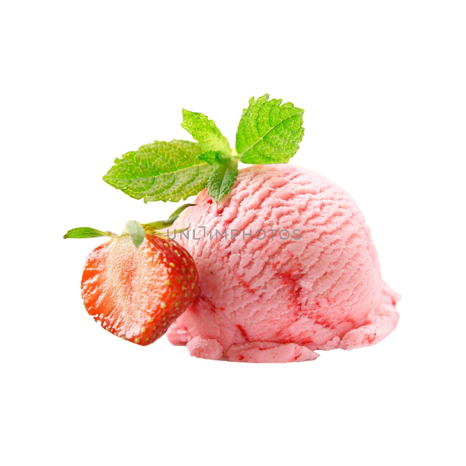 Fresh strawberry and ice cream ball with mint leaf isolated on white